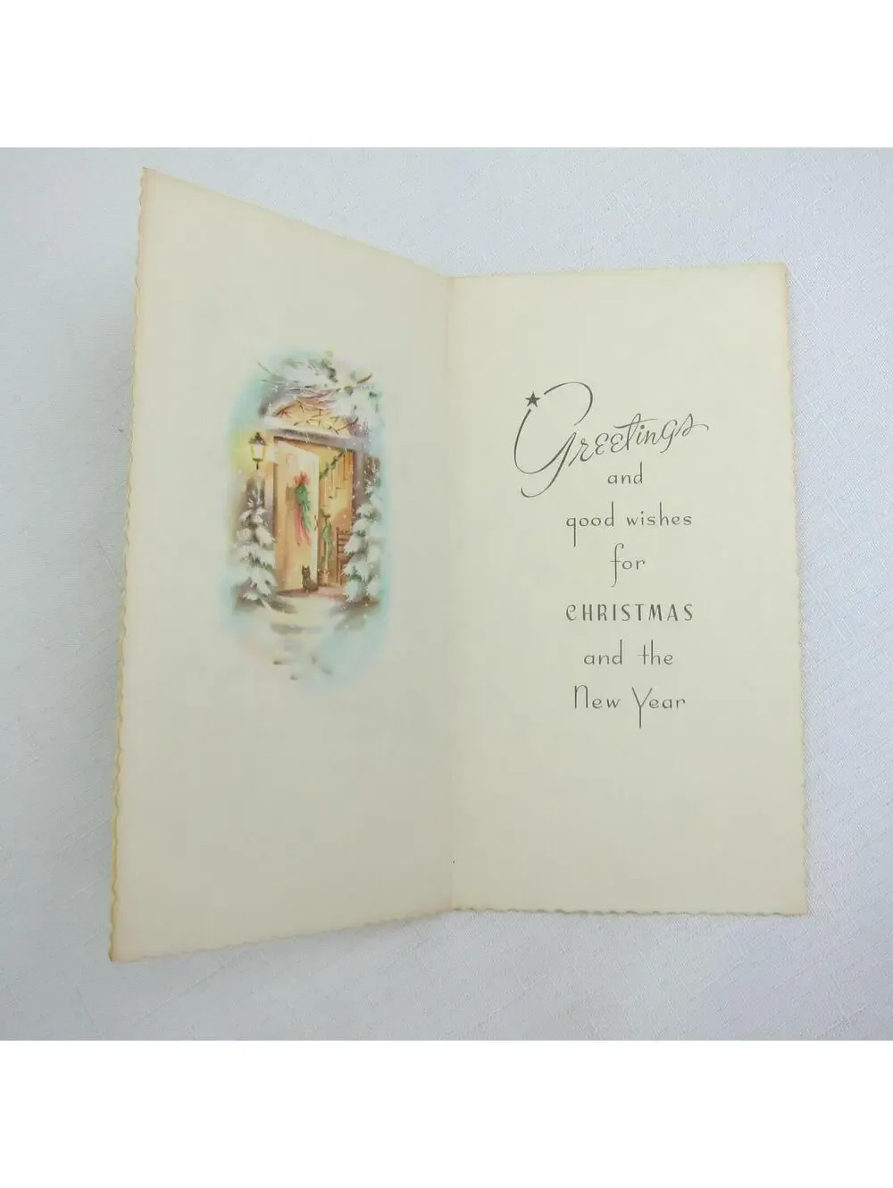 Vintage Christmas Card Scottie Scotty Dog Snowy Front Door Porch Lamp UNSIGNED